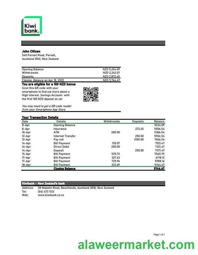 New Zealand Kiwibank statement xls